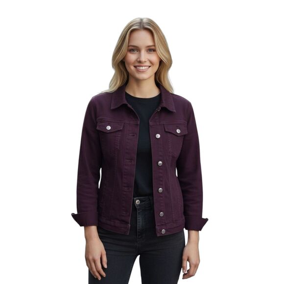 Universal Standard Women’s Plum Cotton-Blend Utility Jean Jacket 4XS Snap Front - Picture 3 of 11